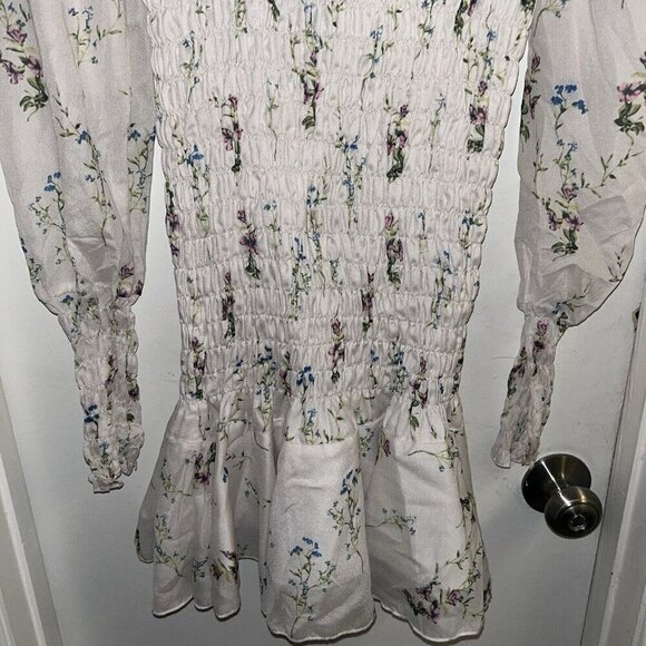 Nasty Gal White Floral Bodycon Smocked Ruffle Cottegecore Fairy Dress Size 4 - Picture 4 of 10